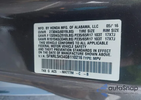 2016 Honda Odyssey Se from USA, damaged, VIN 5FNRL5H34GB110216